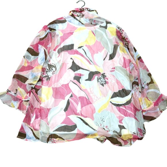 Alfred Dunner  Blouse sheer polyesters Button up, llined pink white yellow (52) - Picture 2 of 6